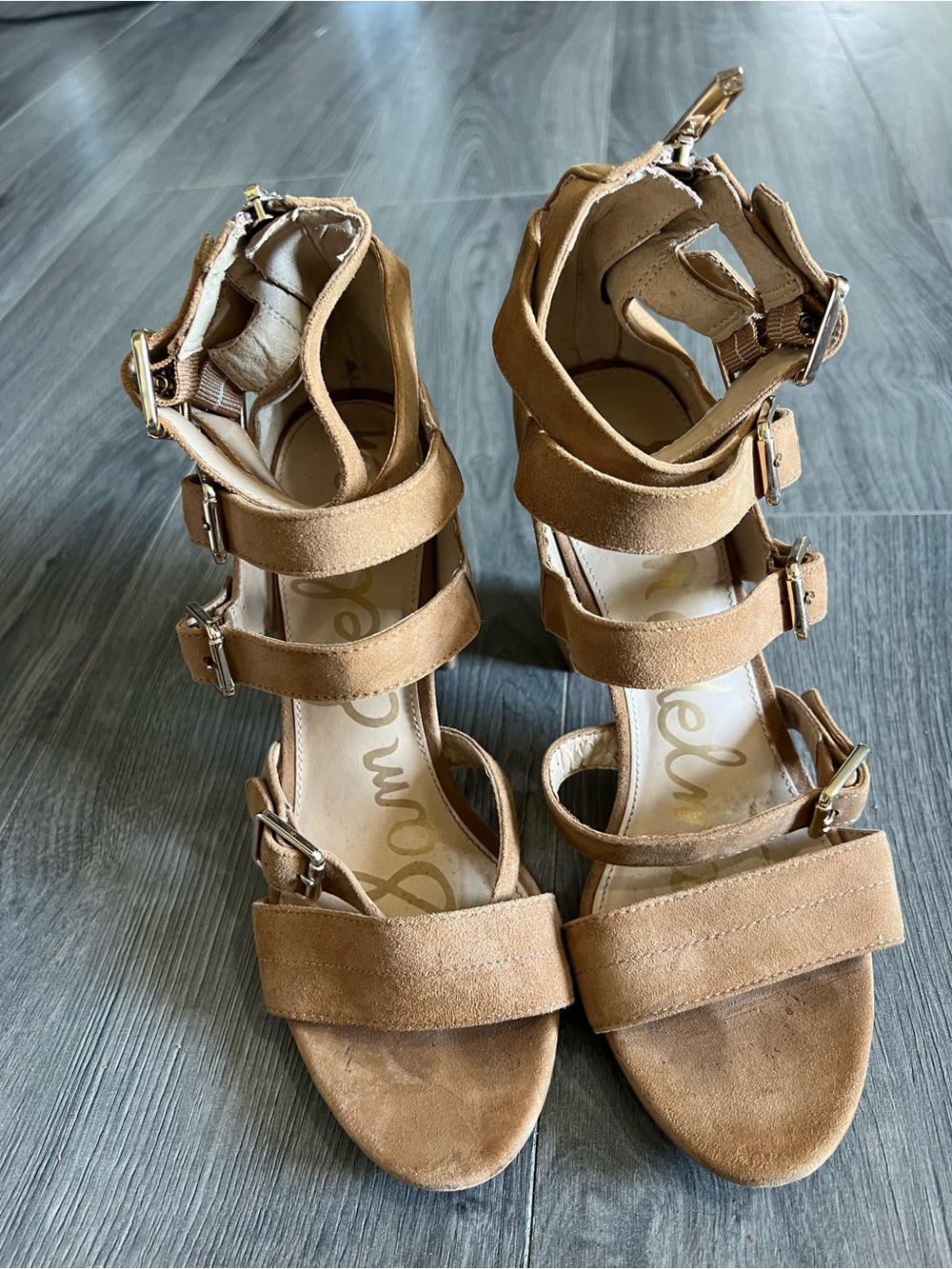 Sam Edelman Tan Suede Multi-Strap Block Heel Sandals